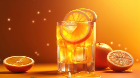 glass of orange juice with ice cubes and slices of citrus on orange background, generative aiの素材