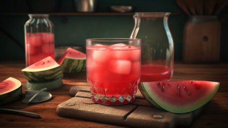 Refreshing watermelon drink in a glass on a wooden table, generative aiの素材