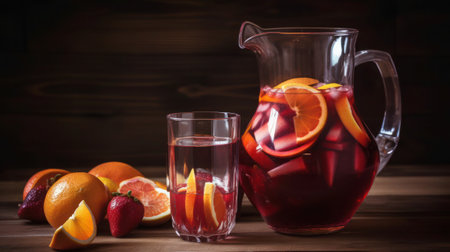 Sangria in a jug and glasses on a wooden background, generative aiの素材