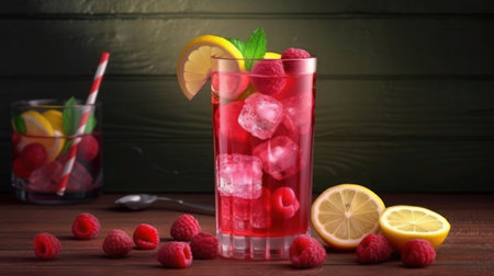 Glass of raspberry lemonade with ice cubes on wooden table, closeup, generative aiの素材