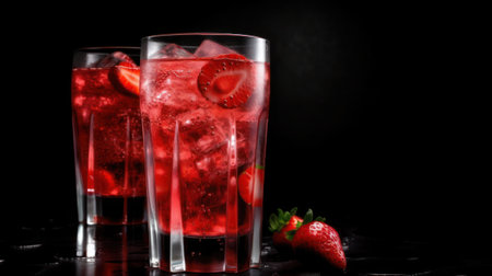 Strawberry mojito cocktail with ice cubes and berries on black background, generative aiの素材