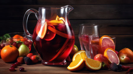 Sangria in a jug and glasses on a wooden background, generative aiの素材