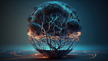 3d illustration of abstract sphere with glowing tree in dark space, generative aiの素材