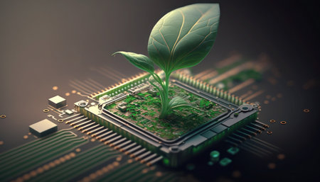 3d illustration of green plant growing out of electronic microchip, generative aiの素材