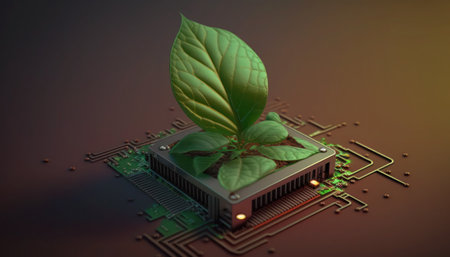 3d illustration of a green plant growing out of a computer processor, generative aiの素材