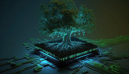 3d rendering of a circuit board with a tree in the center, generative aiの素材