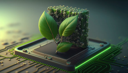 3d illustration of microchip with green leaves in front of it, generative aiの素材
