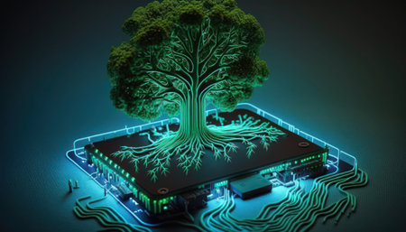 Circuit board with a tree on it. 3D illustration, generative aiの素材