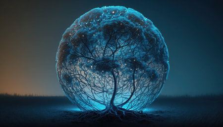 Fantasy landscape with a tree and a glowing sphere. 3d rendering, generative aiの素材
