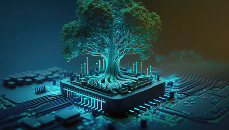 3D illustration of a tree in the form of a circuit board, generative aiの素材