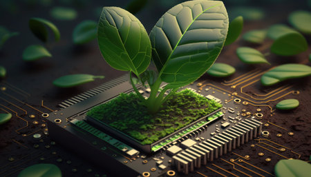 3d illustration of microchip with green plant growing out of it, generative aiの素材