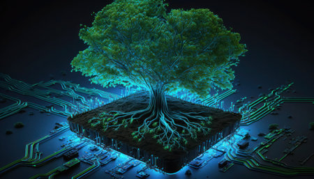3d rendering of green tree in the form of a circuit board, generative aiの素材