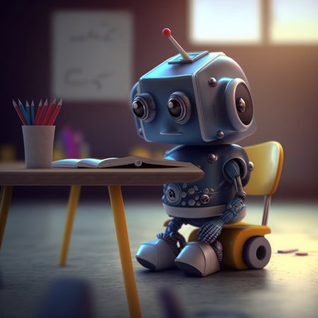 Cute robot sitting at the desk and reading a book. 3d illustration, generative aiの素材