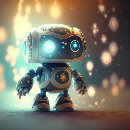 3D rendering of a little robot with colorful bokeh background, generative aiの素材