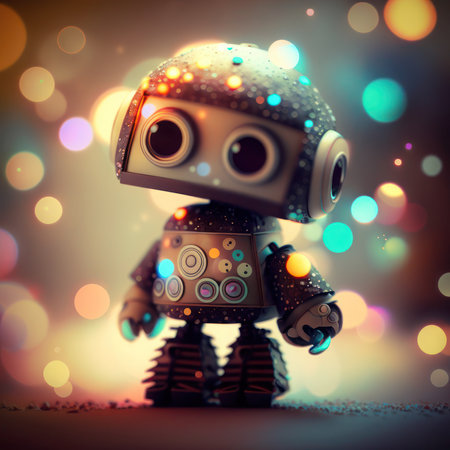 Vintage robot with colorful bokeh lights background. 3d rendering, generative aiの素材
