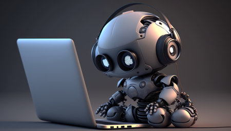 Robot working on a laptop. 3D illustration. 3D CG. High resolution, generative aiの素材