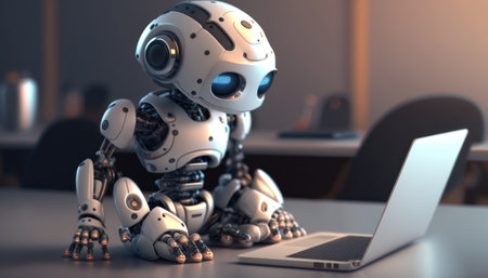 3D render of a robot working on a laptop in the office, generative aiの素材