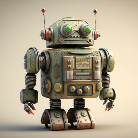 Retro robot on a gray background. 3d render illustration, generative aiの素材