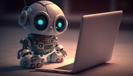 Robot working on a laptop. 3d rendering. Computer digital drawing, generative aiの素材
