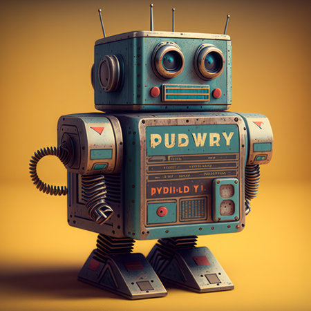 Vintage tin robot on a yellow background. 3d illustration, generative aiの素材
