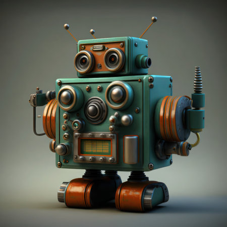 Vintage robot toy on grey background. 3d render illustration, generative aiの素材