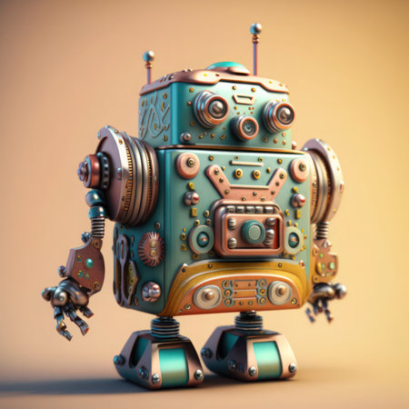 Retro robot with headphones. 3d illustration. Vintage robot, generative aiの素材