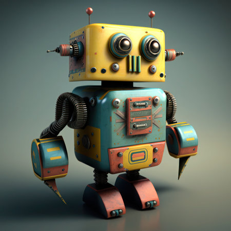 Retro robot toy on a gray background. 3d illustration, generative aiの素材