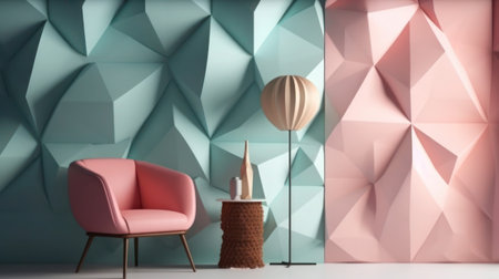 Modern living room interior with pink armchair and decorative geometric pattern. 3D Rendering, generative aiの素材