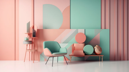 Interior of modern living room with pink and green walls, concrete floor, comfortable armchair and coffee table. 3d rendering, generative aiの素材