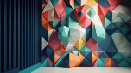 3d rendering, abstract geometric background, multicolored triangular shapes in empty room, generative aiの素材