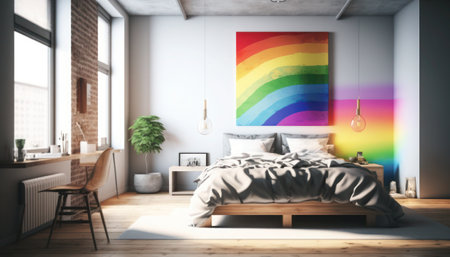 Interior of modern bedroom with white walls, wooden floor, comfortable king size bed and window with blurry cityscape. Toned image double exposure, generative aiの素材