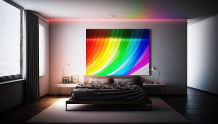 Bedroom interior with colorful rainbow screen. 3D Rendering, generative aiの素材
