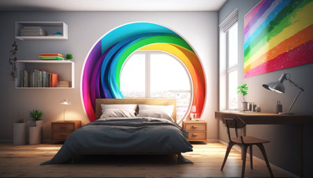 Bedroom interior with a rainbow on the wall. 3d rendering, generative aiの素材