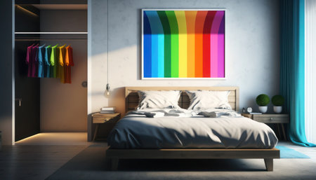 Modern bedroom interior with wooden bed and poster on wall. Mock up, 3D Rendering, generative aiの素材