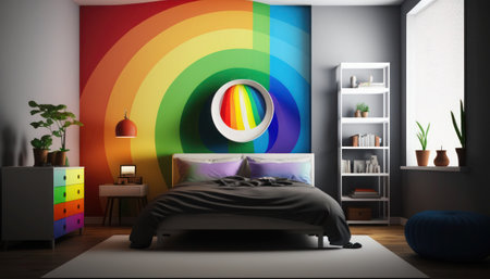 Modern bedroom interior design with colorful rainbow. 3D Rendering, generative aiの素材