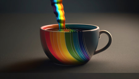 Coffee cup with lgbtq rainbow colored stripes and splashes on dark background, generative aiの素材