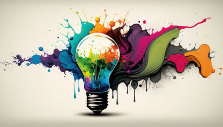 Glowing lightbulb with lgbtq colorful paint splashes on grey background, generative aiの素材