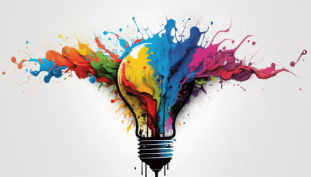 Lightbulb with lgbtq colorful paint splashes on white background. 3D rendering, generative aiの素材