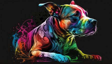 Colorful dog with creative lgbtq colorful paint splashes on black background, generative aiの素材