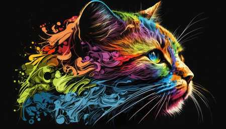 Colorful cat head with abstract lgbtq color splashes on black background, generative aiの素材