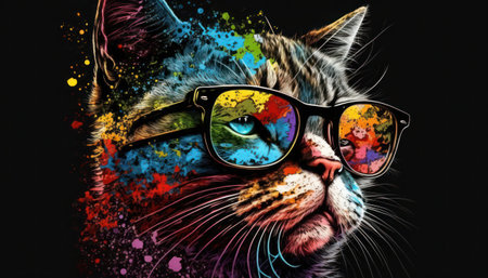 Portrait of a cat with glasses and lgbtq colorful splashes on a black background, generative aiの素材