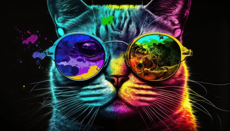 Colorful portrait of a cat with sunglasses on the background of lgbtq rainbow, generative aiの素材