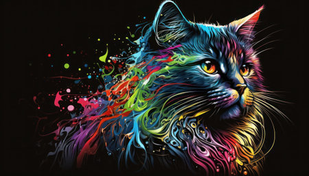 Beautiful cat with colorful lgbtq splashes on black background. Vector illustration, generative aiの素材