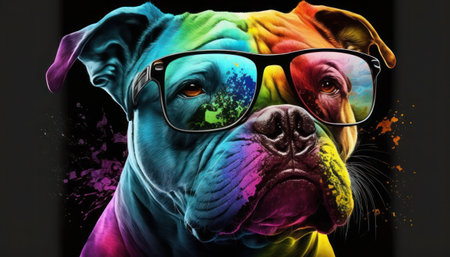 Portrait of a dog with glasses and colorful lgbtq paint splashes, generative aiの素材