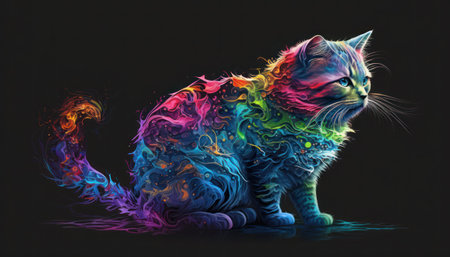 Beautiful lgbtq multicolored cat sitting on a black background. 3d rendering, generative aiの素材