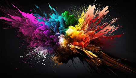 Colorful paint splashes isolated on black background. 3D rendering, generative aiの素材