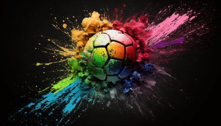 Close-up of a soccer ball with colored splashes against black background, generative aiの素材