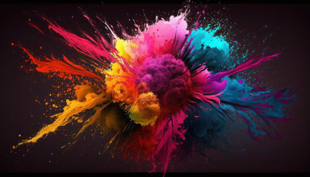 Colorful paint splashes isolated on black background, 3d rendering, generative aiの素材
