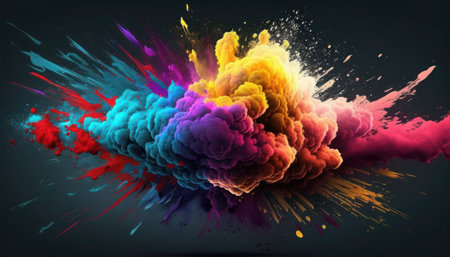 Colorful explosion of paint on black background. 3d illustration, generative aiの素材