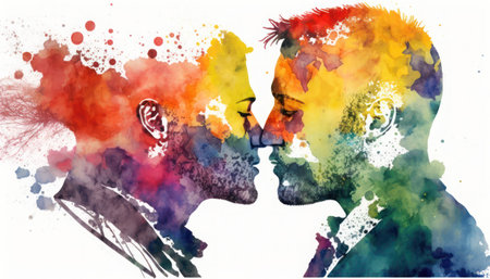 Double exposure portrait of two men in love, lgbtq. Watercolor painting, generative aiの素材